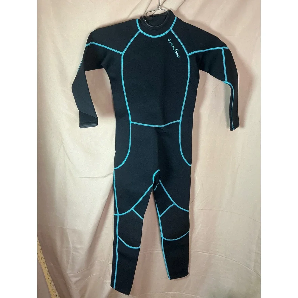 OMGear Wetsuit Kids Size 14 Black Aqua Excellent 3mm Neoprene Full Body Suit